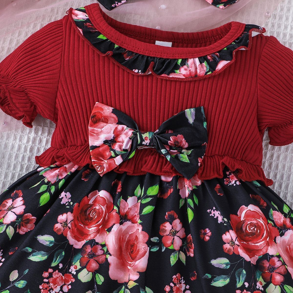 Baby clothes, bow, ins style, girls' small floral pit stripe dress, children's clothing
