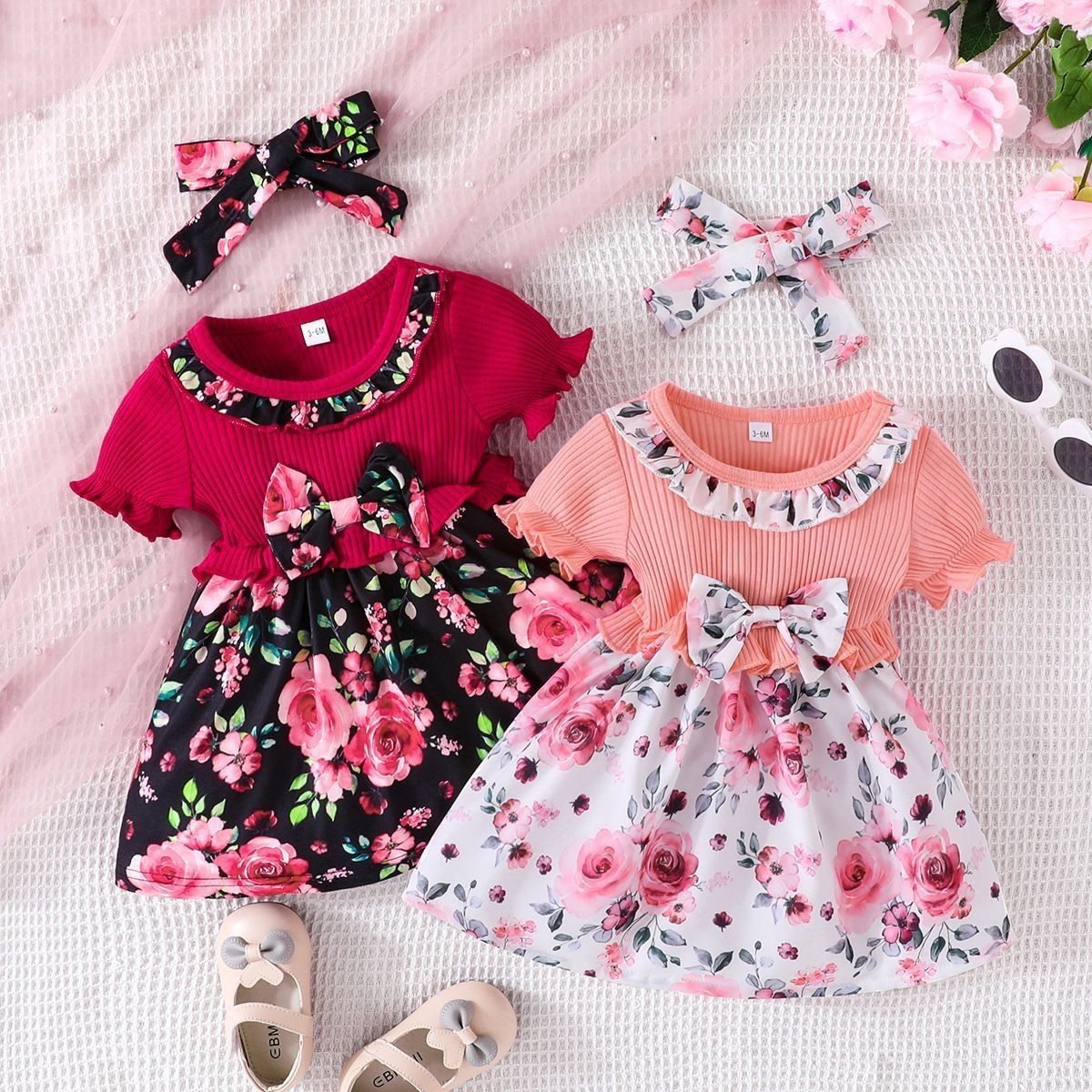 Baby clothes, bow, ins style, girls' small floral pit stripe dress, children's clothing