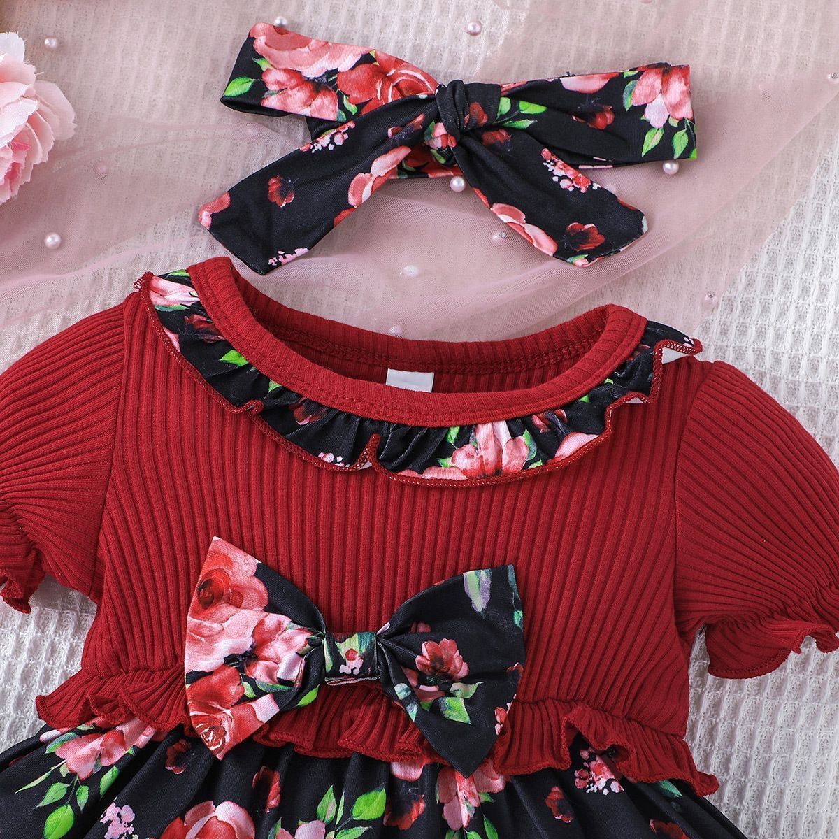 Baby clothes, bow, ins style, girls' small floral pit stripe dress, children's clothing