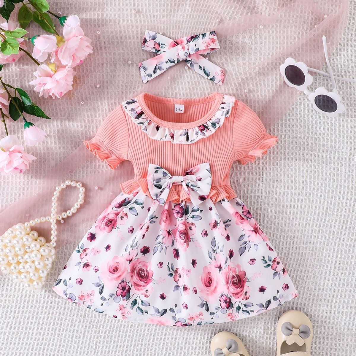 Baby clothes, bow, ins style, girls' small floral pit stripe dress, children's clothing