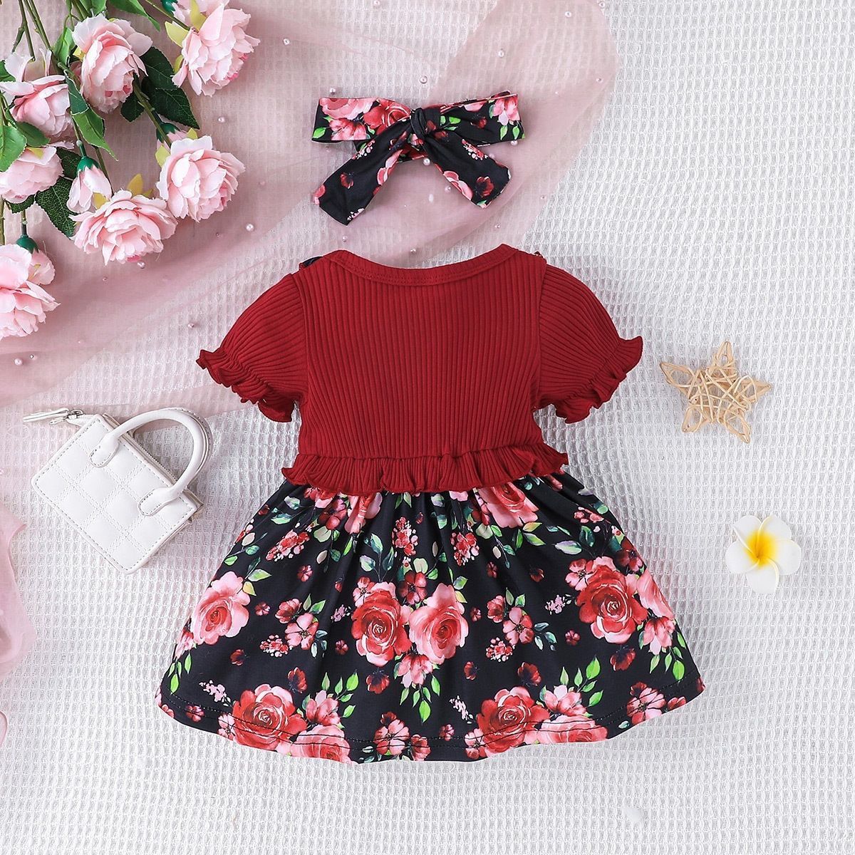 Baby clothes, bow, ins style, girls' small floral pit stripe dress, children's clothing
