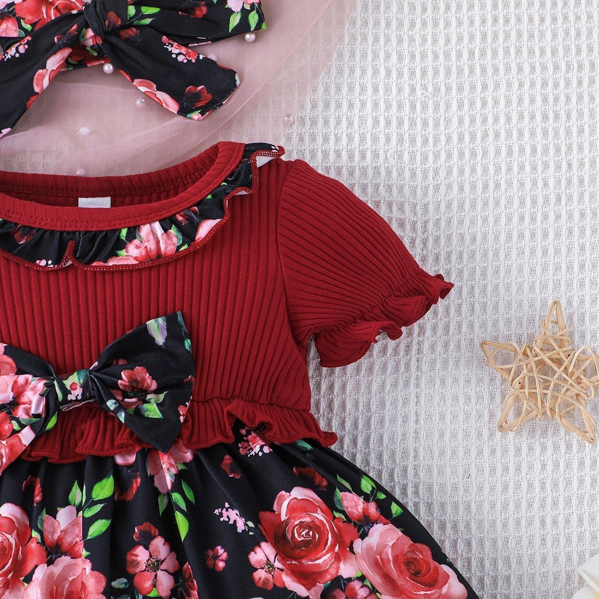 Baby clothes, bow, ins style, girls' small floral pit stripe dress, children's clothing
