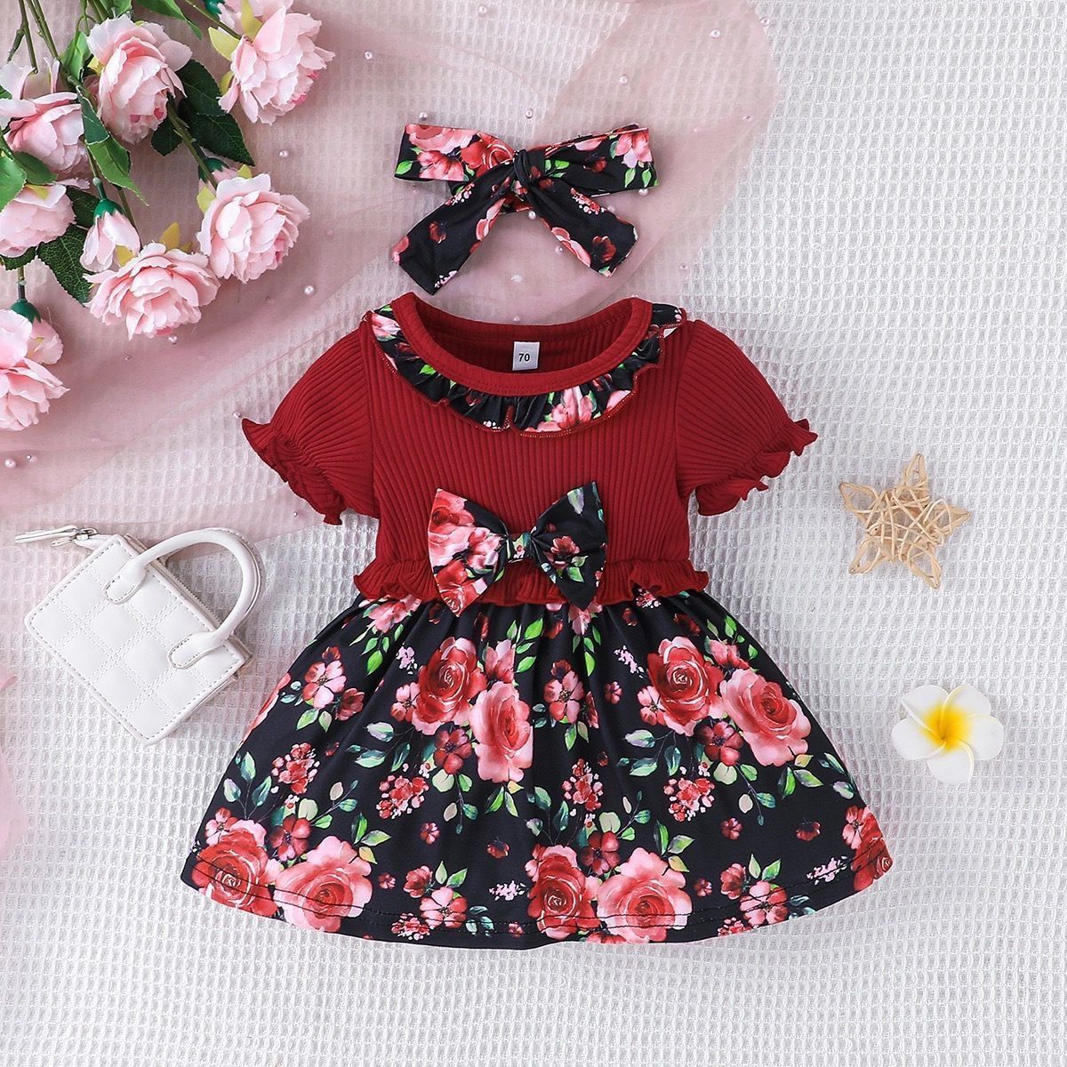 Baby clothes, bow, ins style, girls' small floral pit stripe dress, children's clothing