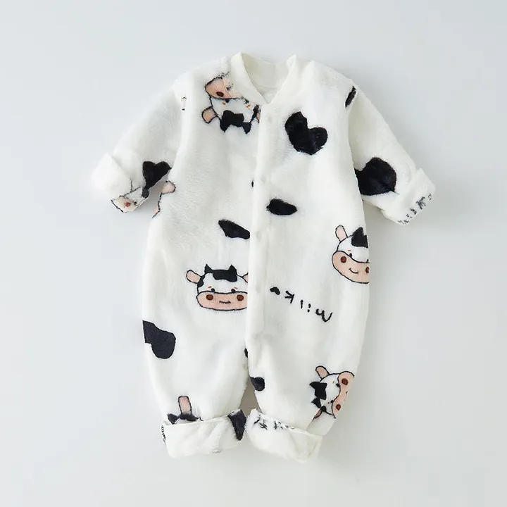 Baby fleece jumpsuit with thickened fleece for autumn and winter, children's coral fleece pajamas, home clothes