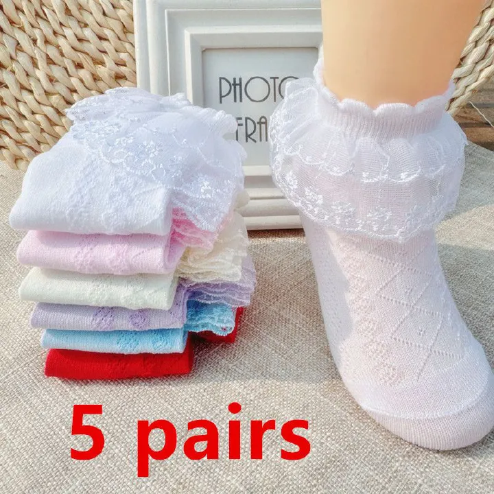5 pairs  Children's lace socks, girls' breathable spring and autumn summer mesh striped lace princess short socks