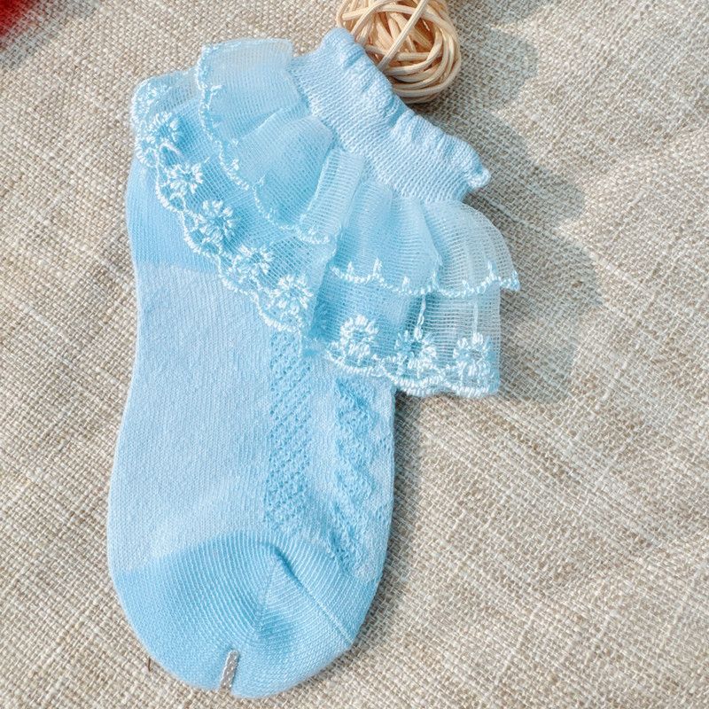 5 pairs  Children's lace socks, girls' breathable spring and autumn summer mesh striped lace princess short socks