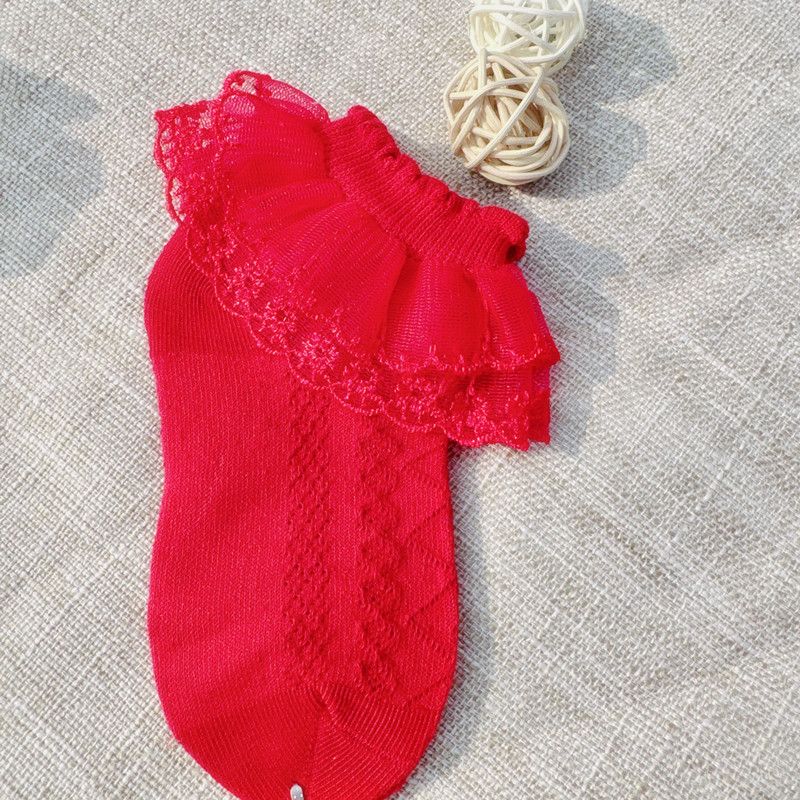 5 pairs  Children's lace socks, girls' breathable spring and autumn summer mesh striped lace princess short socks
