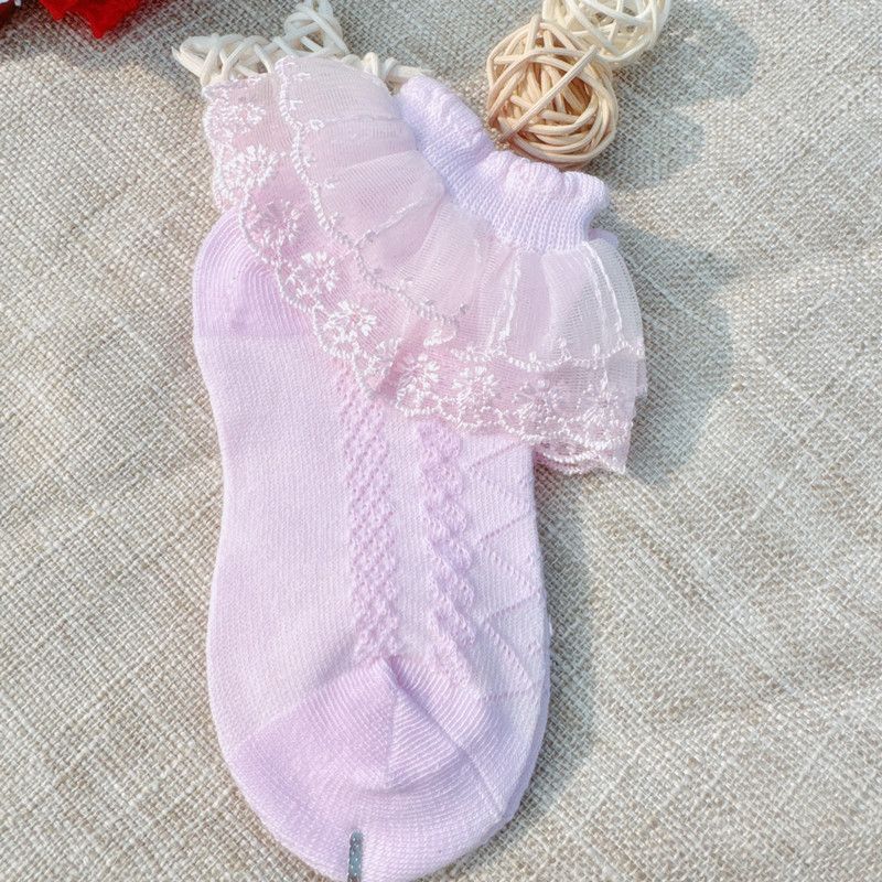 5 pairs  Children's lace socks, girls' breathable spring and autumn summer mesh striped lace princess short socks