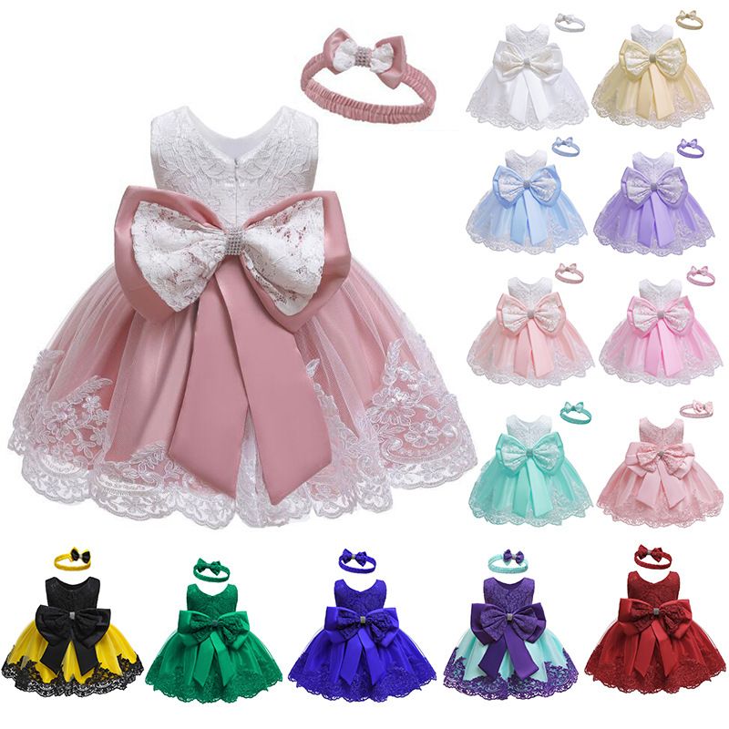 Baby's 100 day old formal dress with bow tie, headband, fluffy skirt, lace dress
