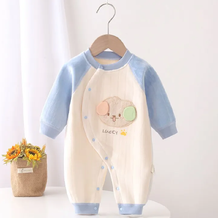 Autumn and winter baby jumpsuit, boneless baby gown, male and female baby side breasted butterfly jacket with fleece insulation jumpsuit