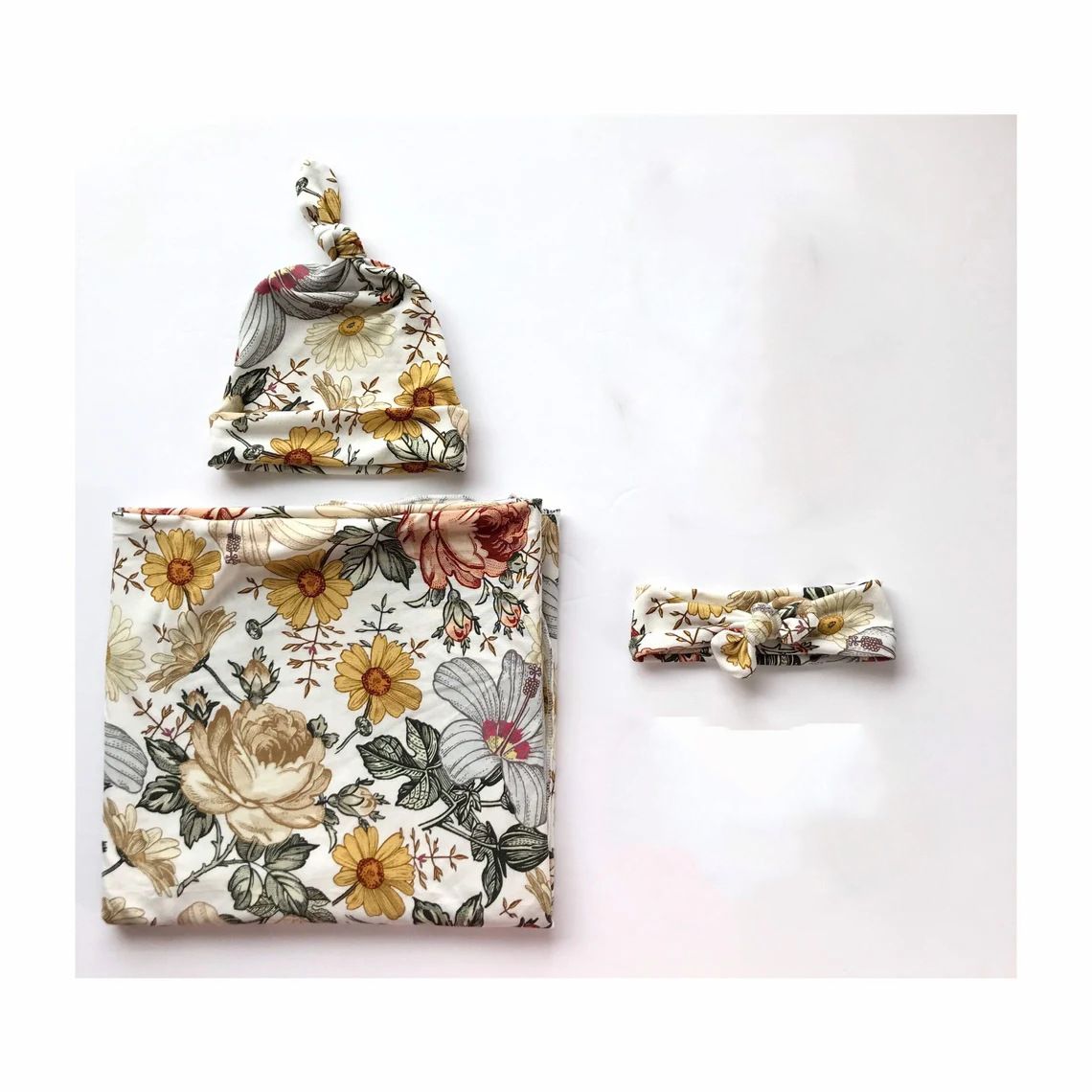 Baby wrap, newborn swaddle cloth, fetal cap, headband, three piece set, anti startle printed elastic wrap