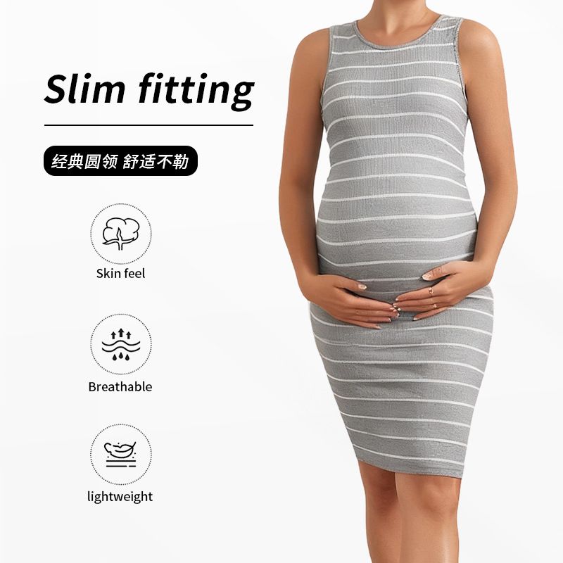 New maternity dress round neck dress casual striped elastic tight fitting sleeveless European and American maternity wear
