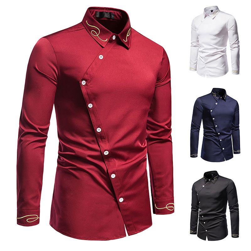 Spring and Autumn New European Men's Embroidered Asymmetric Long Sleeve Shirt Men's Large Thin Shirt