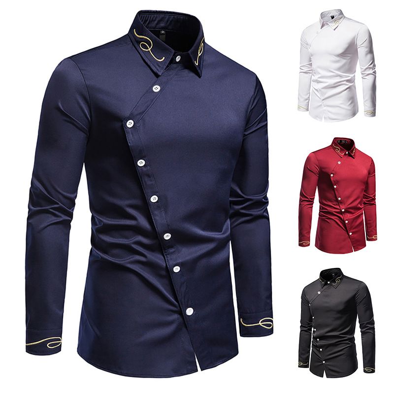 Spring and Autumn New European Men's Embroidered Asymmetric Long Sleeve Shirt Men's Large Thin Shirt