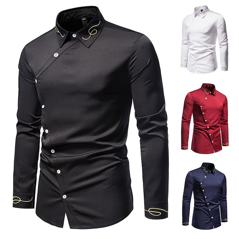 Spring and Autumn New European Men's Embroidered Asymmetric Long Sleeve Shirt Men's Large Thin Shirt