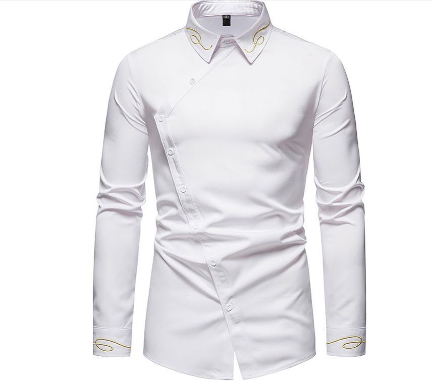 Spring and Autumn New European Men's Embroidered Asymmetric Long Sleeve Shirt Men's Large Thin Shirt
