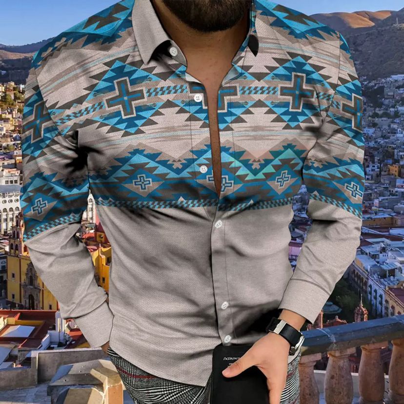 Spring and Autumn New European and American Men's Long Sleeve Shirt Casual Printed Shirt