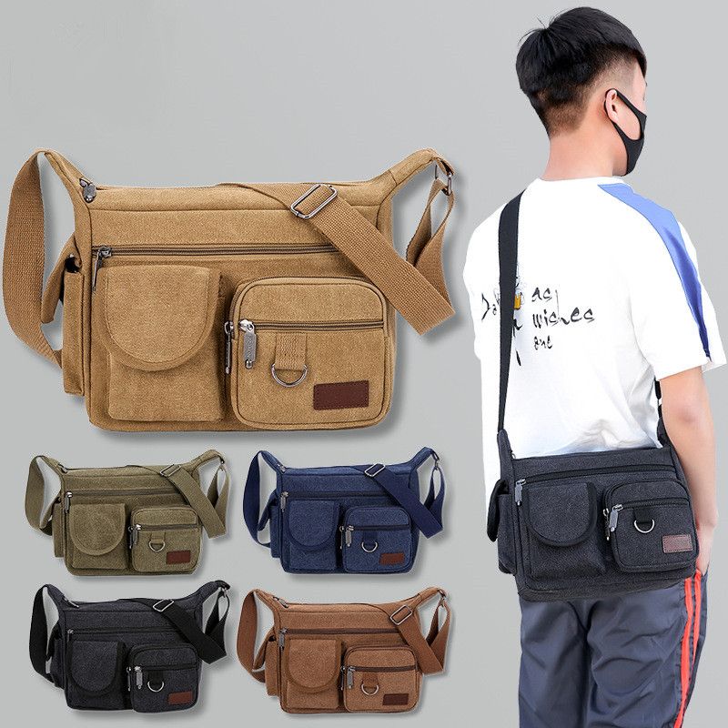 Men's canvas crossbody bag, outdoor travel wear-resistant men's bag, large capacity construction site work shoulder bag