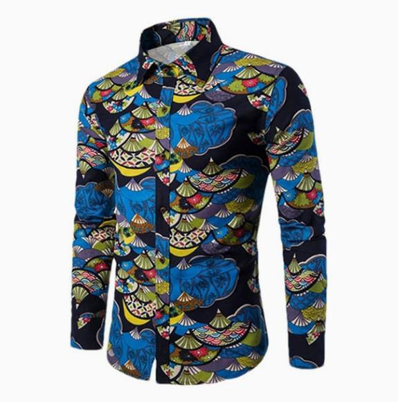 Spring and Autumn New Casual Shirt Geometric Printed Men's Long Sleeve Shirt Men's Wear
