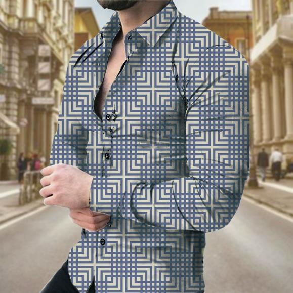 Spring and Autumn New Casual Shirt Geometric Printed Men's Long Sleeve Shirt Men's Wear