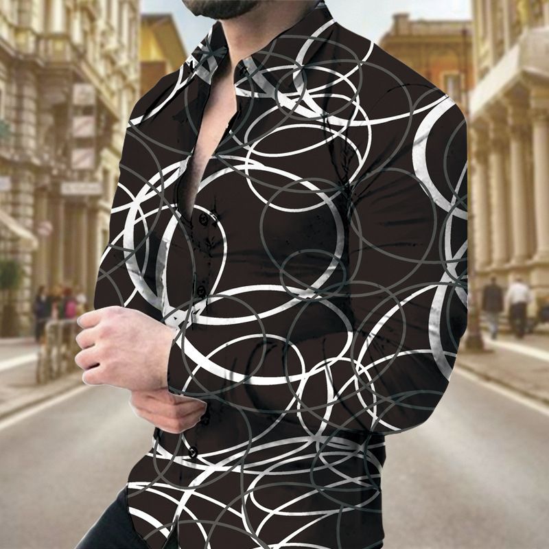 Spring and Autumn New Casual Shirt Geometric Printed Men's Long Sleeve Shirt Men's Wear