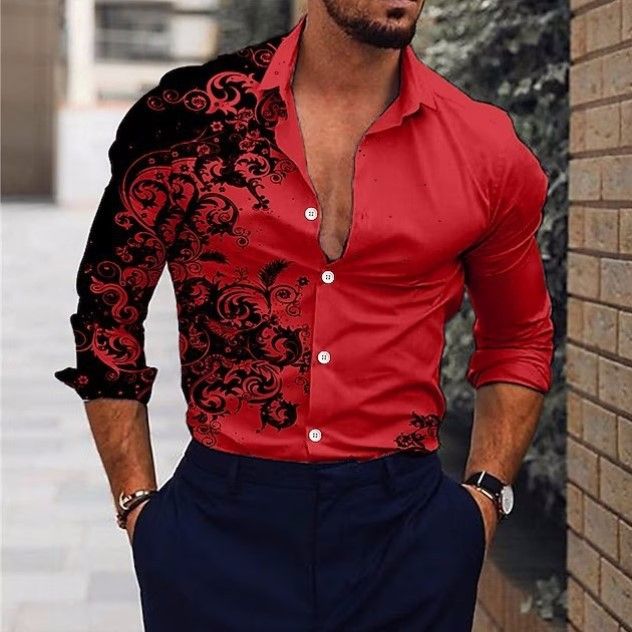 Four season men's long sleeved shirt, casual printed shirt, breathable men's shirt