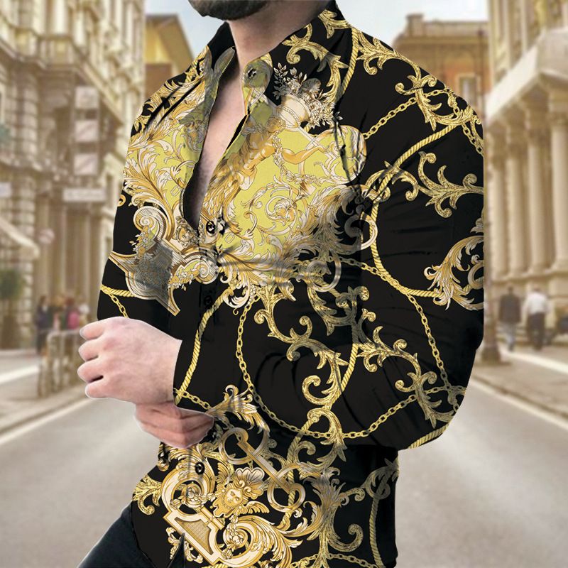 Four season men's long sleeved shirt, casual printed shirt, breathable men's shirt