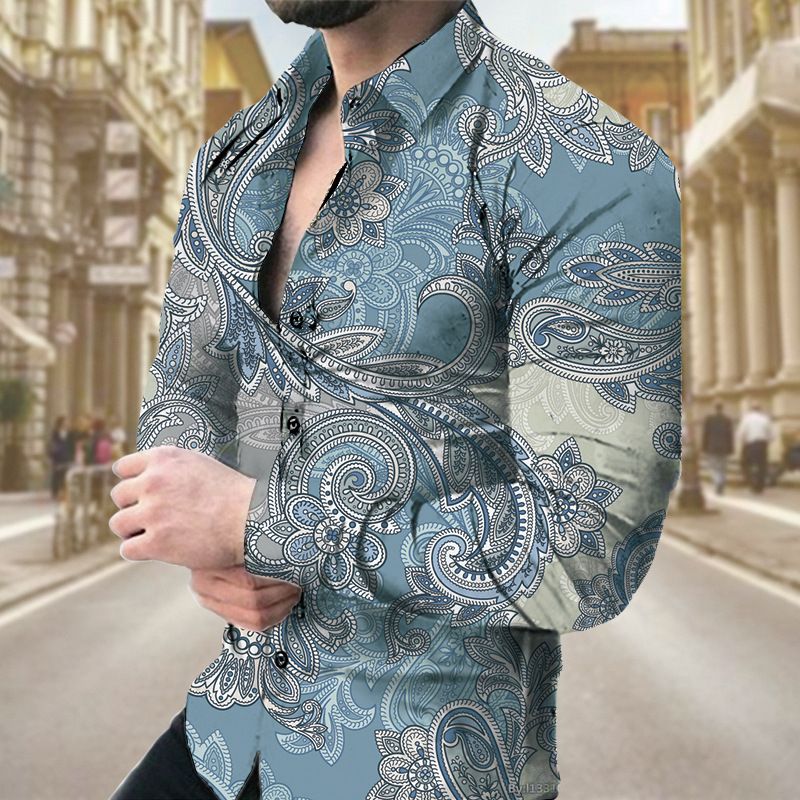 Four season men's long sleeved shirt, casual printed shirt, breathable men's shirt