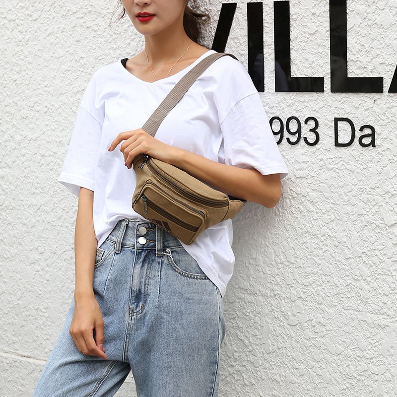 Canvas waist bag, washed with water, men's and women's mobile phone, diagonal span, large capacity wallet, travel fashion shoulder bag