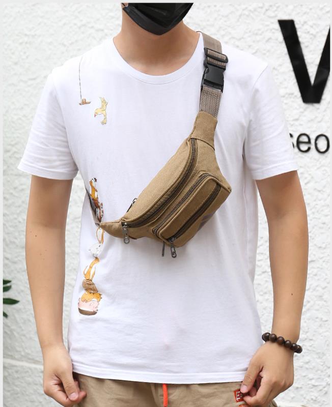 Canvas waist bag, washed with water, men's and women's mobile phone, diagonal span, large capacity wallet, travel fashion shoulder bag