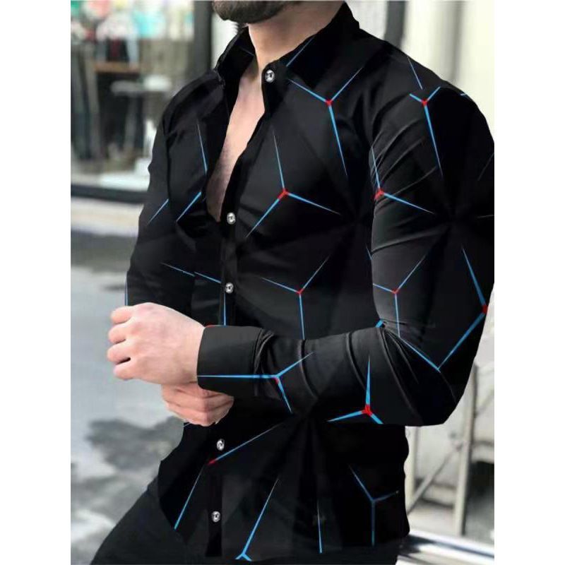 European and American men's clothing spring and autumn new casual trend men's long sleeved shirt plus size shirt 3D printed shirt