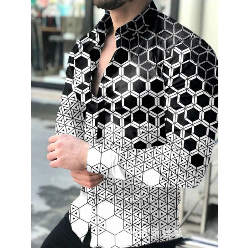 European and American men's clothing spring and autumn new casual trend men's long sleeved shirt plus size shirt 3D printed shirt