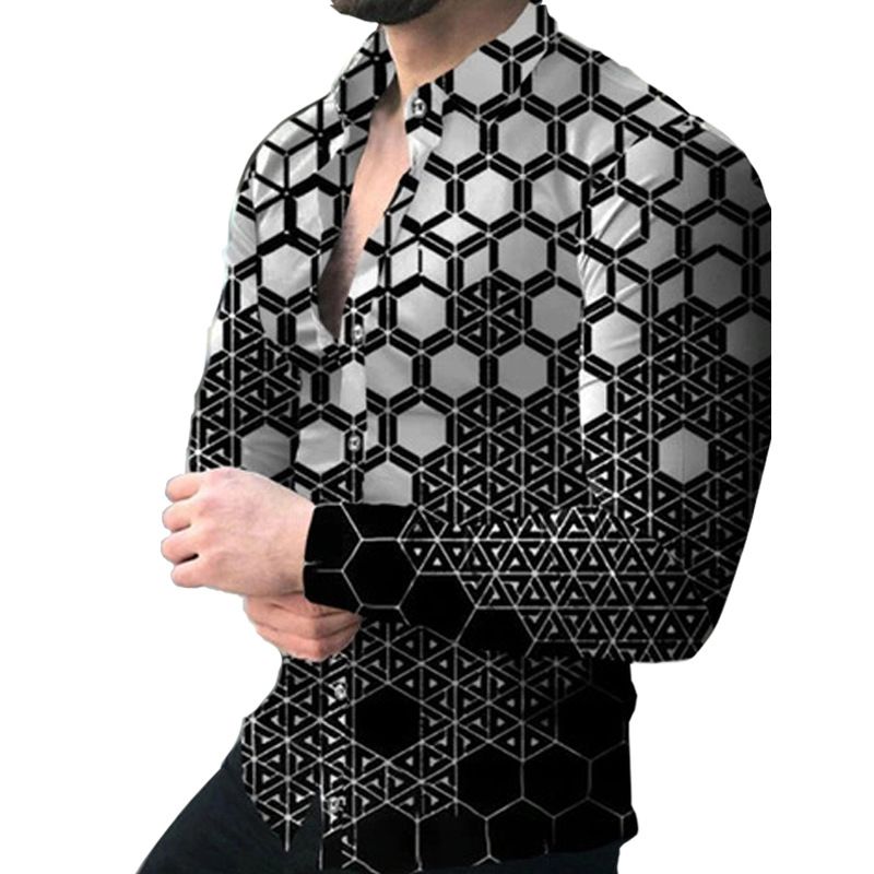 European and American men's clothing spring and autumn new casual trend men's long sleeved shirt plus size shirt 3D printed shirt