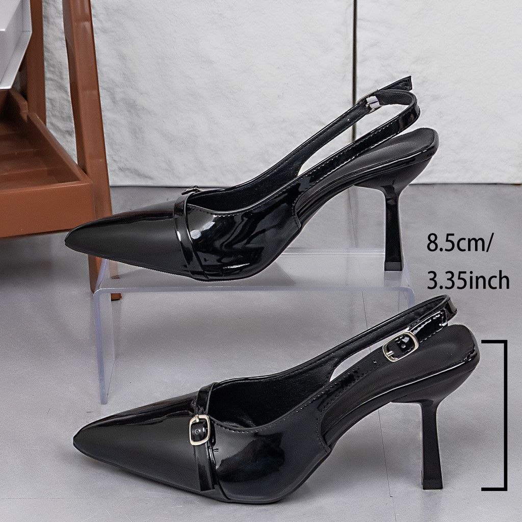 Autumn new women's Baotou high heels, fashionable patent leather slim heels, high heels with empty buckle at the back, single shoes for women