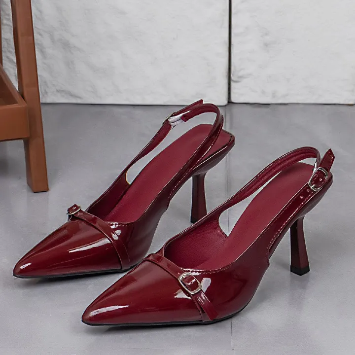 Autumn new women's Baotou high heels, fashionable patent leather slim heels, high heels with empty buckle at the back, single shoes for women