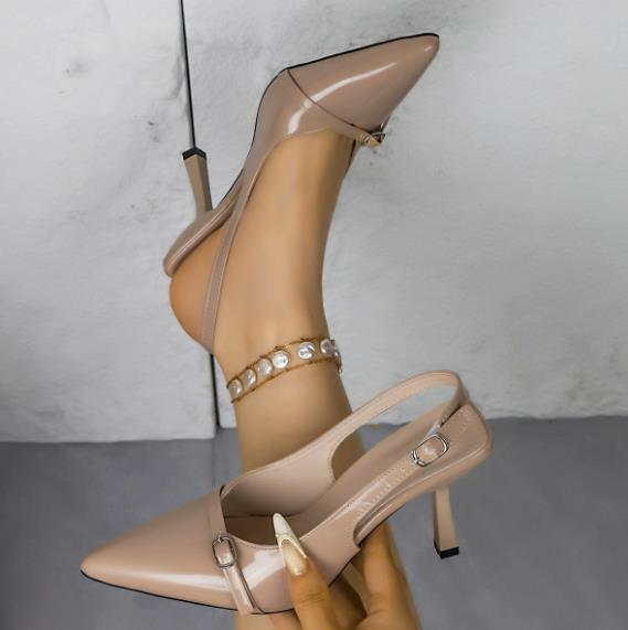 Autumn new women's Baotou high heels, fashionable patent leather slim heels, high heels with empty buckle at the back, single shoes for women