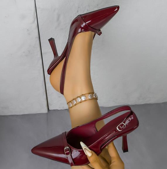 Autumn new women's Baotou high heels, fashionable patent leather slim heels, high heels with empty buckle at the back, single shoes for women