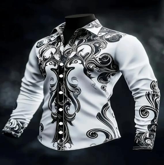 Spring and Autumn men's casual lapel long sleeved shirt 3D printed men's trendy shirt men's clothing