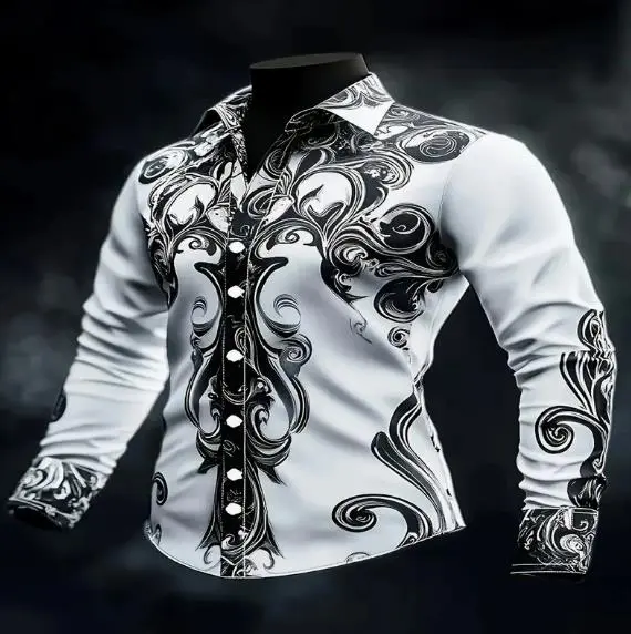 Spring and Autumn men's casual lapel long sleeved shirt 3D printed men's trendy shirt men's clothing