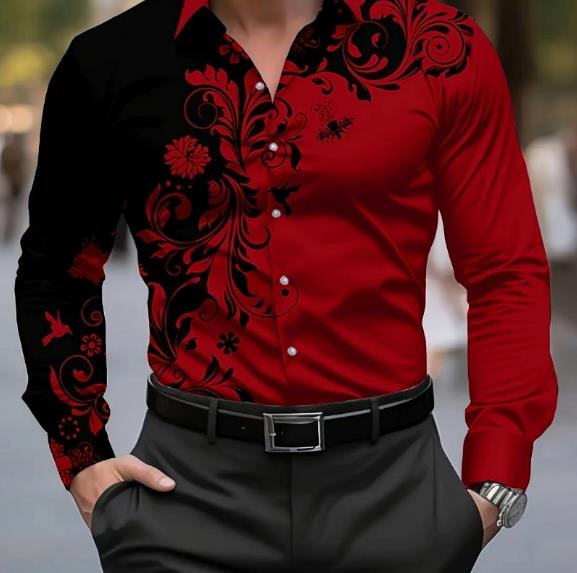 Spring and Autumn men's casual lapel long sleeved shirt 3D printed men's trendy shirt men's clothing
