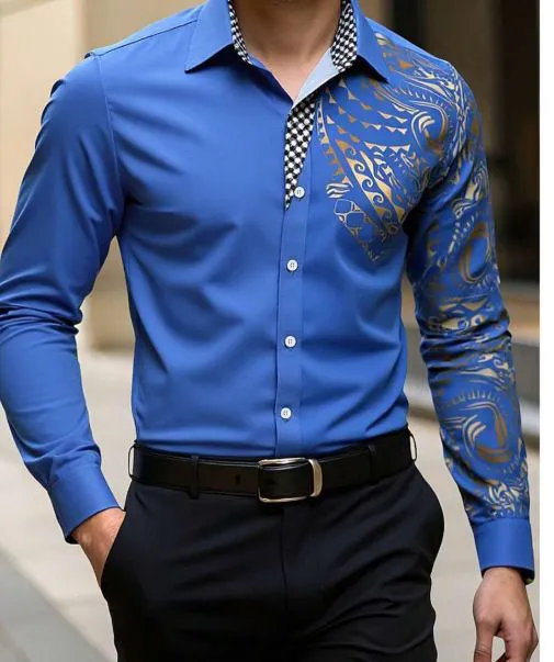 Spring and Autumn men's casual lapel long sleeved shirt 3D printed men's trendy shirt men's clothing