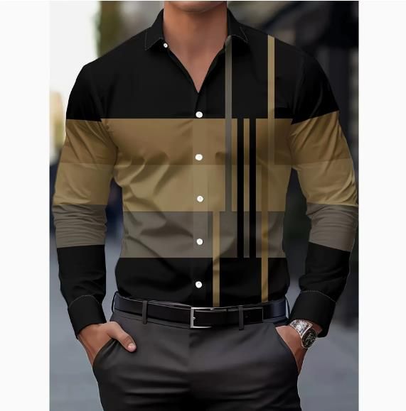 Spring and Autumn men's casual lapel long sleeved shirt 3D printed men's trendy shirt men's clothing