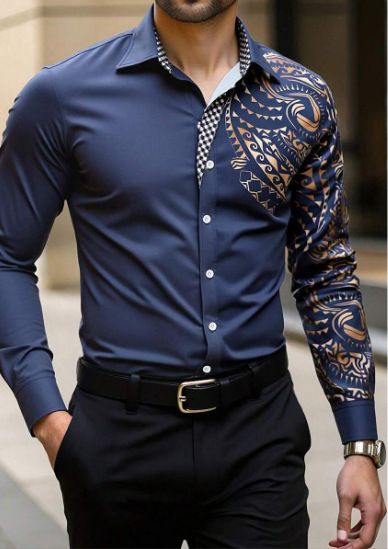 Spring and Autumn men's casual lapel long sleeved shirt 3D printed men's trendy shirt men's clothing