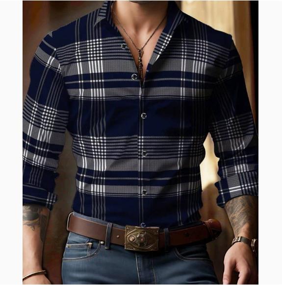 Spring and Autumn men's casual lapel long sleeved shirt 3D printed men's trendy shirt men's clothing