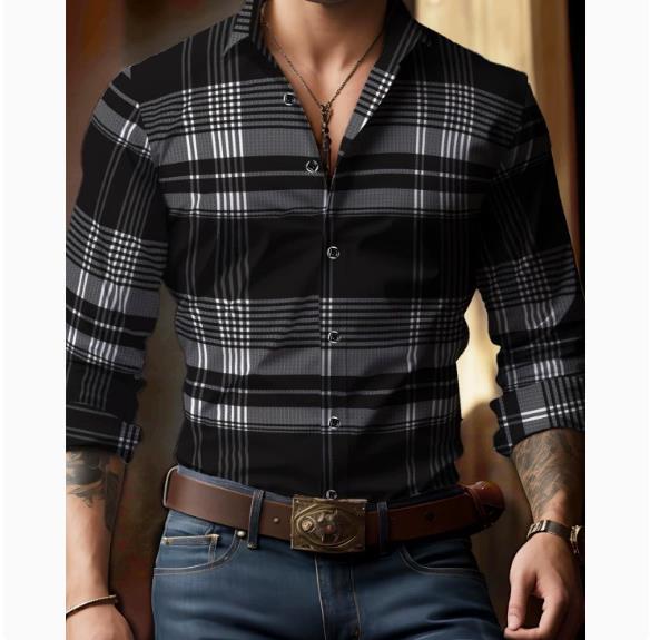 Spring and Autumn men's casual lapel long sleeved shirt 3D printed men's trendy shirt men's clothing