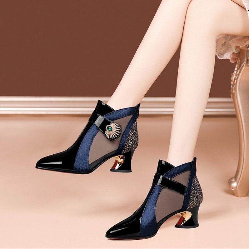Spring/Summer New Women's Fashion Sexy Pointed Coarse Heel Sandals Coarse Heel Baotou Cool Boots Middle Heel Mesh Boots Hollow Mesh Boots Women's Shoes