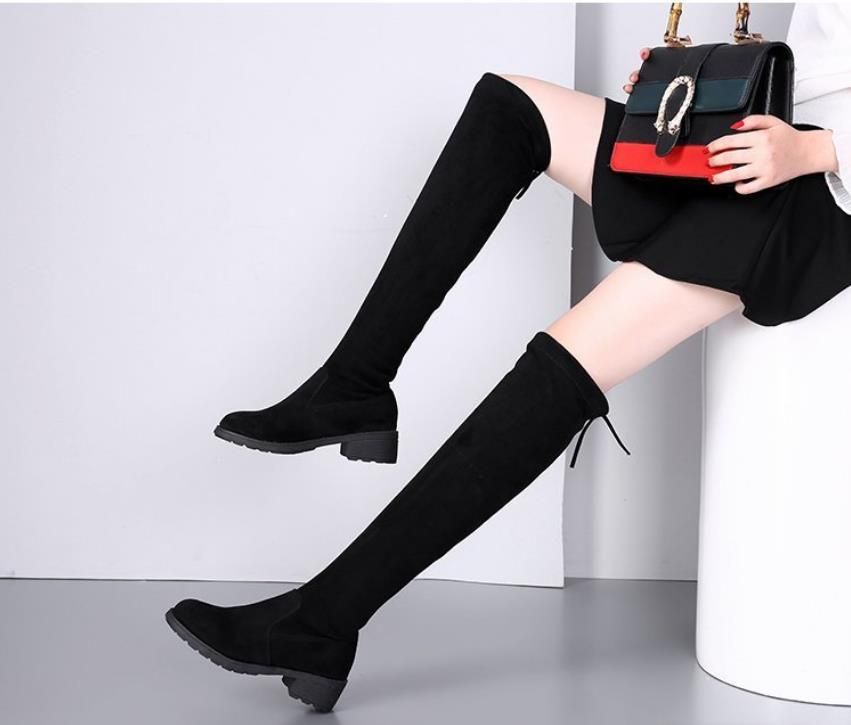 Autumn and winter new comfortable over the knee flat boots with low heels, black slim and elastic high top boots for women
