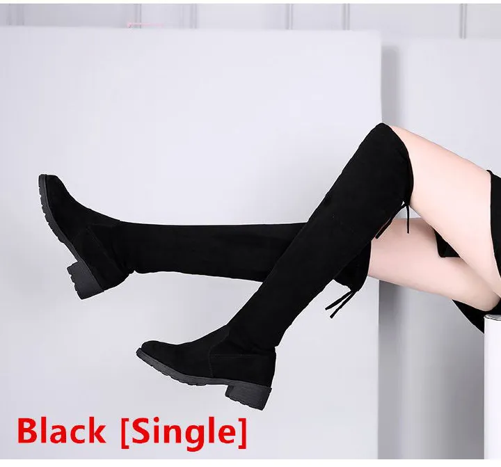 Autumn and winter new comfortable over the knee flat boots with low heels, black slim and elastic high top boots for women