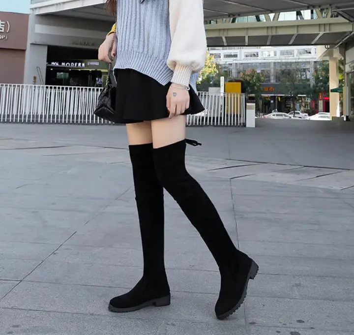 Autumn and winter new women's flat bottomed anti slip knee high boots, suede high boots, women's long boots, knee high boots, slim leg elastic boots, women's shoes