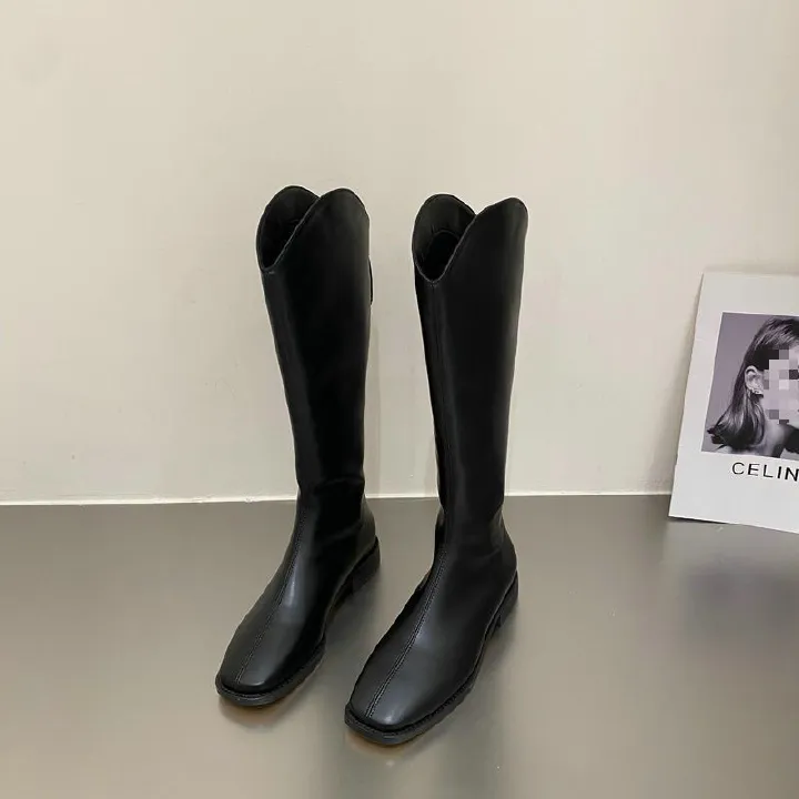 Autumn and winter women's versatile waterproof and anti slip square toe boots with a height not exceeding the knee, straight leg boots, slim and long leg, knight boots, women's boots, women's shoes